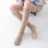 Winter Thick Knit Thigh High Socks Long Stockings Boot Solid Color Mid-Calf Length Socks Hollow Pattern Knitted Socks