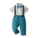 Children Boy Formal Shirt & Suspender Pants 2 Pieces Set Summer Short Sleeve Cotton Shirt Trousers Two-Piece Set