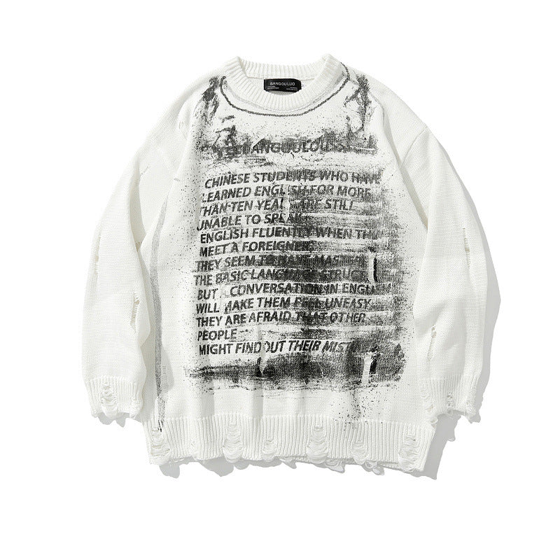 Mens Fall Outfits Dark Retro High Street Letter Graffiti Ripped Sweater Men's Pullover Sweater Top
