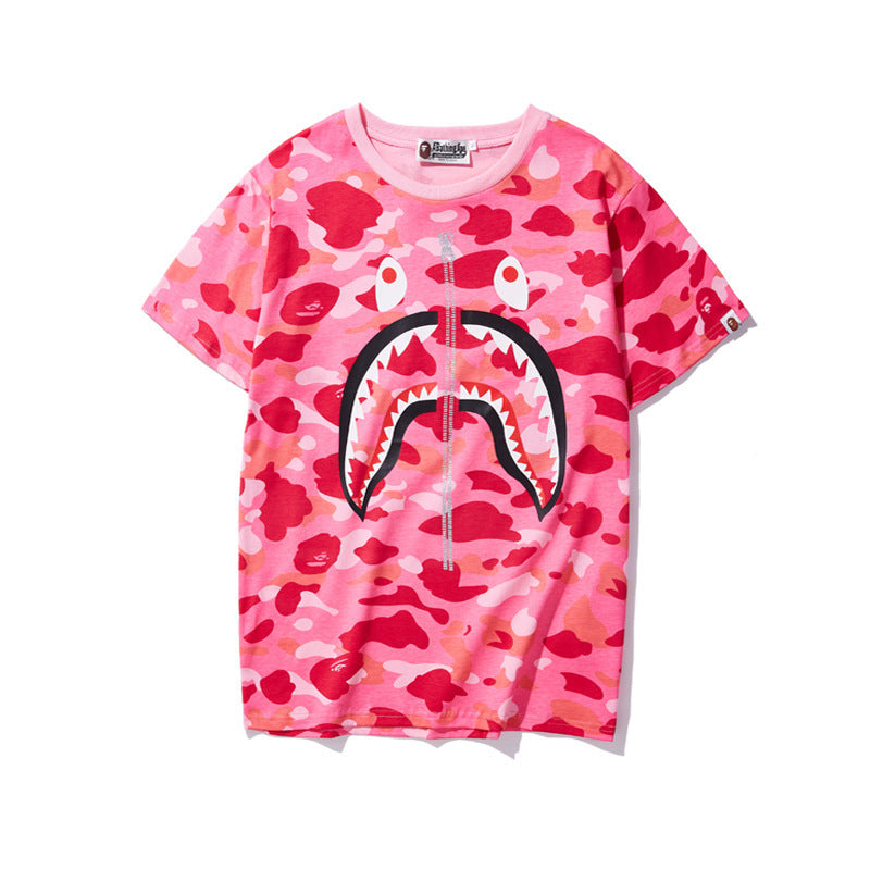 WGM Closing Men's and Women's Camouflage Shark Fake Zipped round Neck Short-Sleeved T-shirt