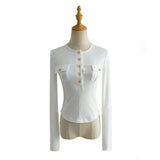 Women Fall Fall Fall Four Colors Gold Buckle Pocket Long Sleeve T-shirt Slim Fit Top