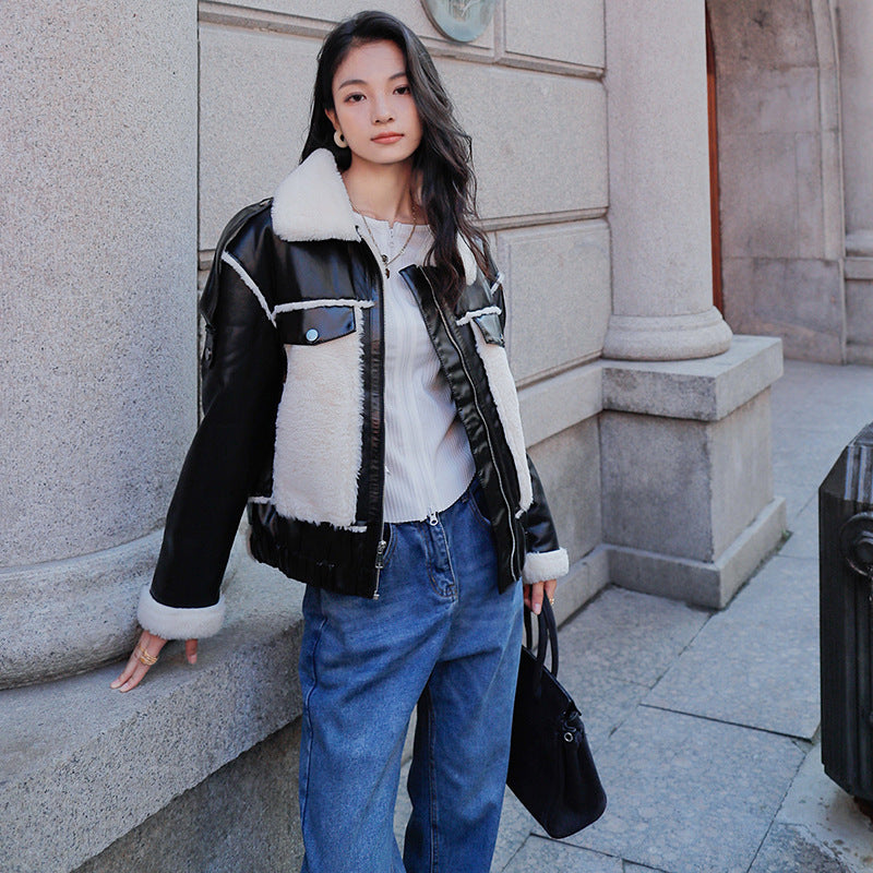 Cute Leather Jacket Motorcycle Jacket Women's Autumn Winter Berber Fleece Short Loose Pu Washed Leather Coat