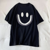 Smiley Face T Shirt round Neck Pullover Smiling Face Embroidery Loose Short Sleeve T-shirt