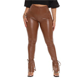 Brown Leather Pants Tight High Elastic Bandage Slightly Flared Side Slit PU Leather Trousers