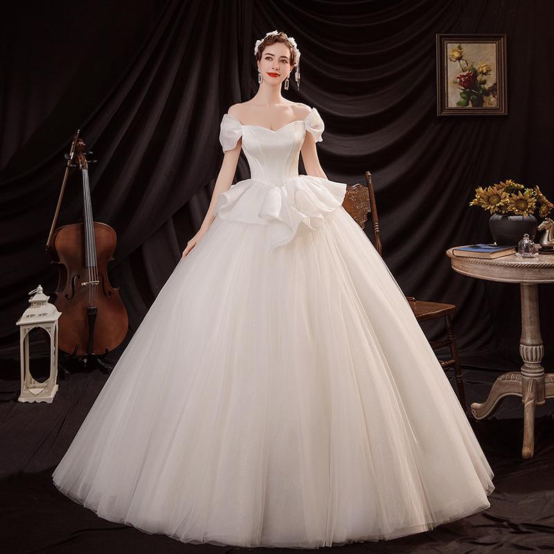 Women'S Evening Dress Ball Gown Princess Quinceanera Wedding Dresses White Slimming Simple Off-Shoulder Wedding Dress