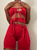 Stitching Solid Color Sleeveless Backless Lace-up Tied Slim Fit Shorts Jumpsuit