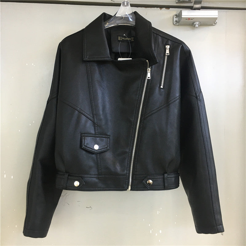 Women PU Leather Jacket Biker Motorcycle Coat Autumn Short PU Leather Coat for Women Loose Leather Jacket