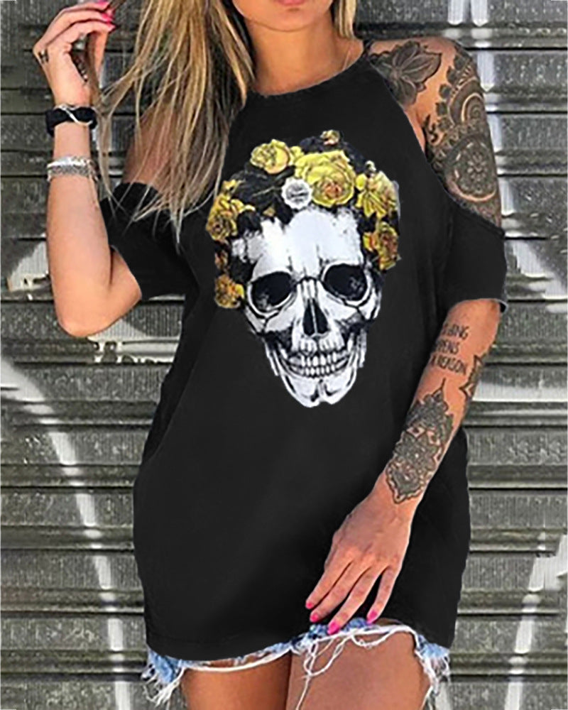 Skull Dress Loose off-Shoulder Skull Printed One-Print T-shirt