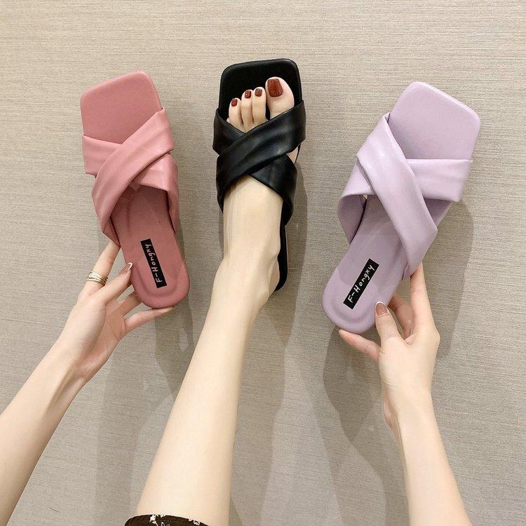 Women Open Toe Sandals Flats Summer Fashion Cross Fashion Outerwear Flat Heel Candy-Colored Slippers