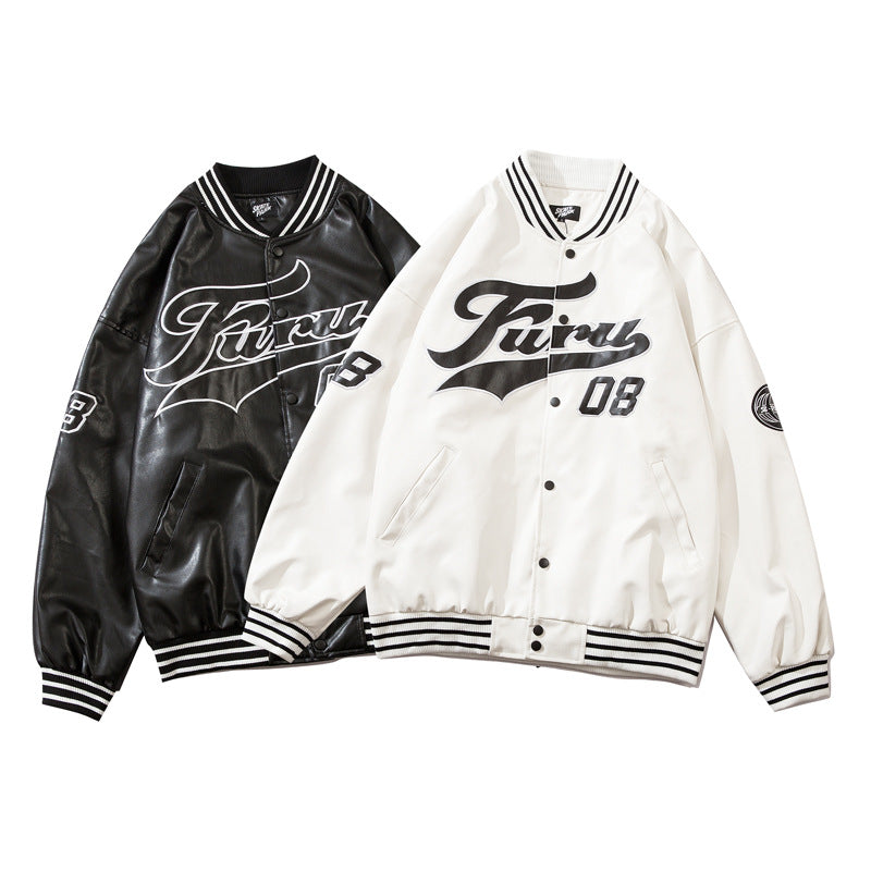 White Varsity Jacket Baseball Uniform Leather Jacket Men I High Street Hip Hop Couple Leather Coat
