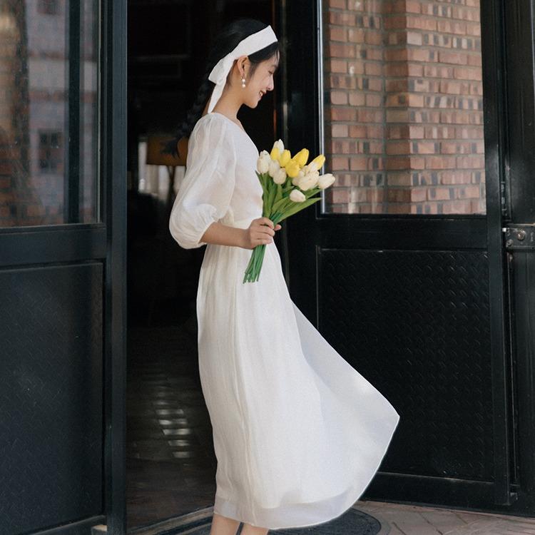 Women Retro Cottagecore Vintage Dress Spring Retro V-neck Niche Short Sleeve Gentle Waist Slimming Large Swing Long Dress