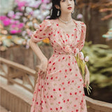 Women Cottagecore Dress Gentle Sweet Pink Rose Dress Summer Tea French Style Retro First Love Floral Skirt Fresh
