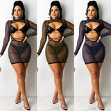 See through Pants Suit Hot Drilling Sequin Mesh Sexy Women Clothing Lace-up Cutout Two-Piece Set