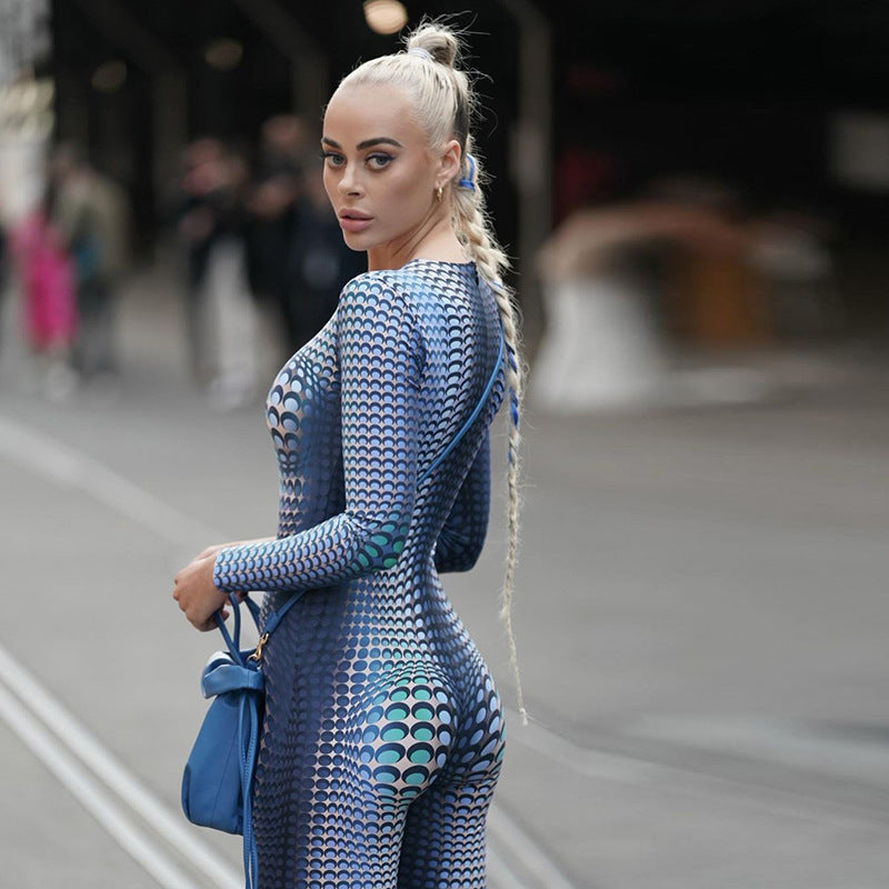 Summer 3D Printed round Neck Long Sleeve Slim-Fit Trousers Jumpsuit