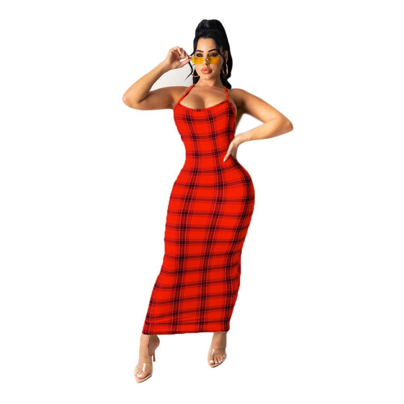 Women Plaid Dress Women Checkered Bodycon Sexy Dresses Printed Sling Lady Sexy Long Dress