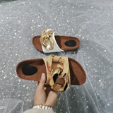 Women Open Toe Sandals Flats Summer Flat Large Size Metal Large Connecting Shackle Slippers