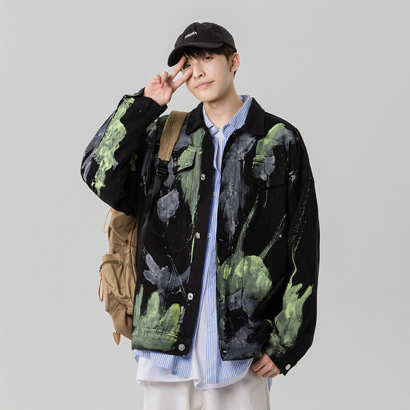 Denim Varsity Jacket Fall Winter Cowboy Coat Men's Handsome Loose Graffiti Casual Jacket