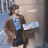 Cute Leather Jacket Brown Leather Suit Jacket for Women Spring and Autumn Loose Retro