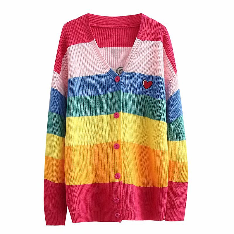 Women Fall Fall Rainbow Embroidered Cardigan V-neck Single Breasted Mid-Length Top