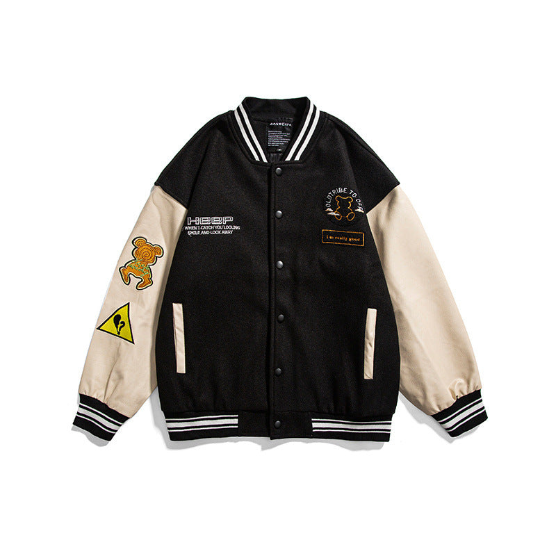 Black Varsity Jacket Fall Color-Blocking Jacket Men's Versatile Baseball Uniform Couple Coat Jacket