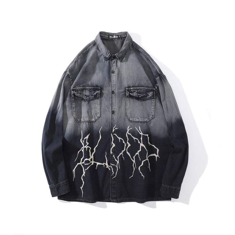 Men Denim Coat Jean Jackets Dark Style Lightning Print Tie-Dye Denim Jacket Men's Loose Lapels Cardigan Coat