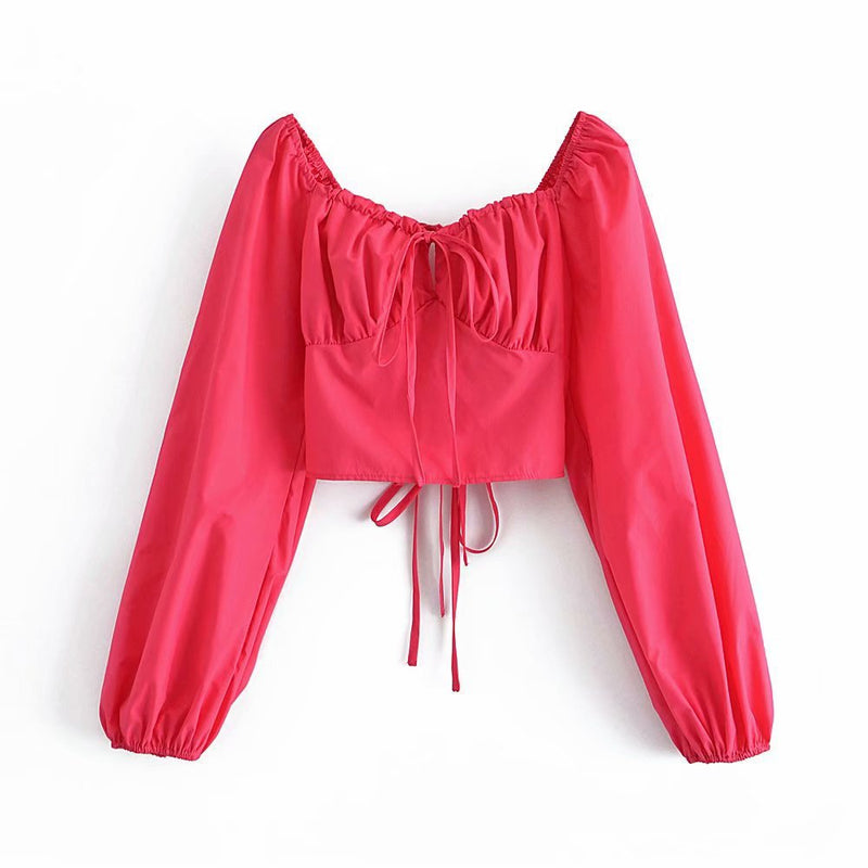 Women Fall Fall Rose Chest Lace-Up Backless Sexy Top Short Shirt