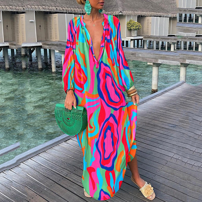 Nina Parker Graffiti Dress Long Sleeve Skirt Button Loose Dress