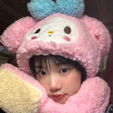 My Melody Hat Cartoon Pink Bear Melody Scarf Integrated Hat Gloves Cute Girl Heart Student Winter Warm Kulomi