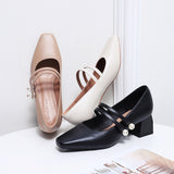 Nude Block Heels Closed Toe Pumps Women's High Heels Women