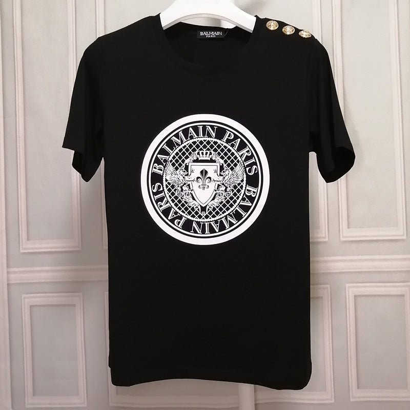 T Shirt Balmain T-shirt Women's Short Sleeve Shoulder Gold and Silver Button