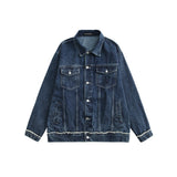 Men Denim Coat Jean Jackets Washed Distressed Frayed Hem Denim Jacket Men's Multi-Pocket Loose Lapels Workwear Jacket