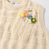 Men Sweater Vest BF Idle Style Small Flower Pocket Sweater Vest Men's Loose Street round Neck Sleeveless Sweater Vest