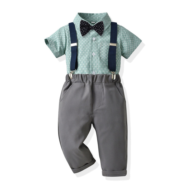 Children Boy Formal Shirt & Suspender Pants 2 Pieces Set Summer Short Sleeve Cotton Shirt Trousers Two-Piece Set