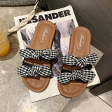 Women Open Toe Sands Flats Summer Plaid Bow Word Fashion Flat-Heeled Slippers