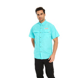 Men Habit Shirts Blue Pocket Decorative Lapel Casual Short Sleeve Solid Color