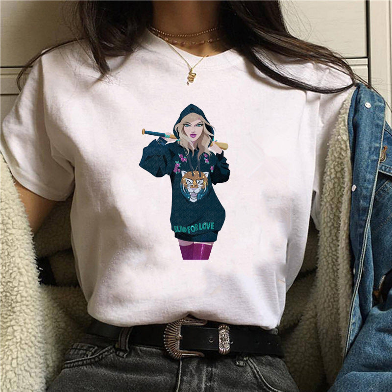 Taylor Swift Merch Cartoon Printed Simple round Neck Short Sleeve T-shirt