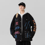 Denim Varsity Jacket Loose Hand Painted Patterned Denim Jacket Men's Graffiti Jacket