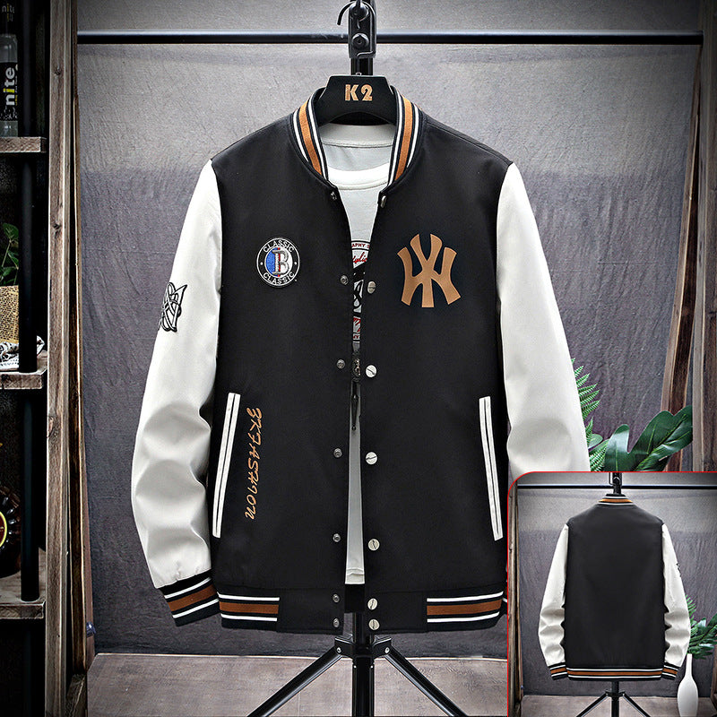 Brown Varsity Jacket Workwear Jacket Men's Spring and Autumn Baseball Uniform Casual Loose Lapels Coat Men's Clothing Top
