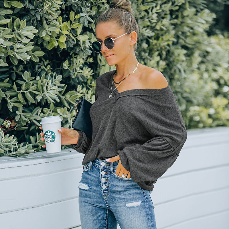 Women Fall Outfits Autumn and Winter V-neck Design Loose Bottoming Shirt Long Sleeve T-shirt
