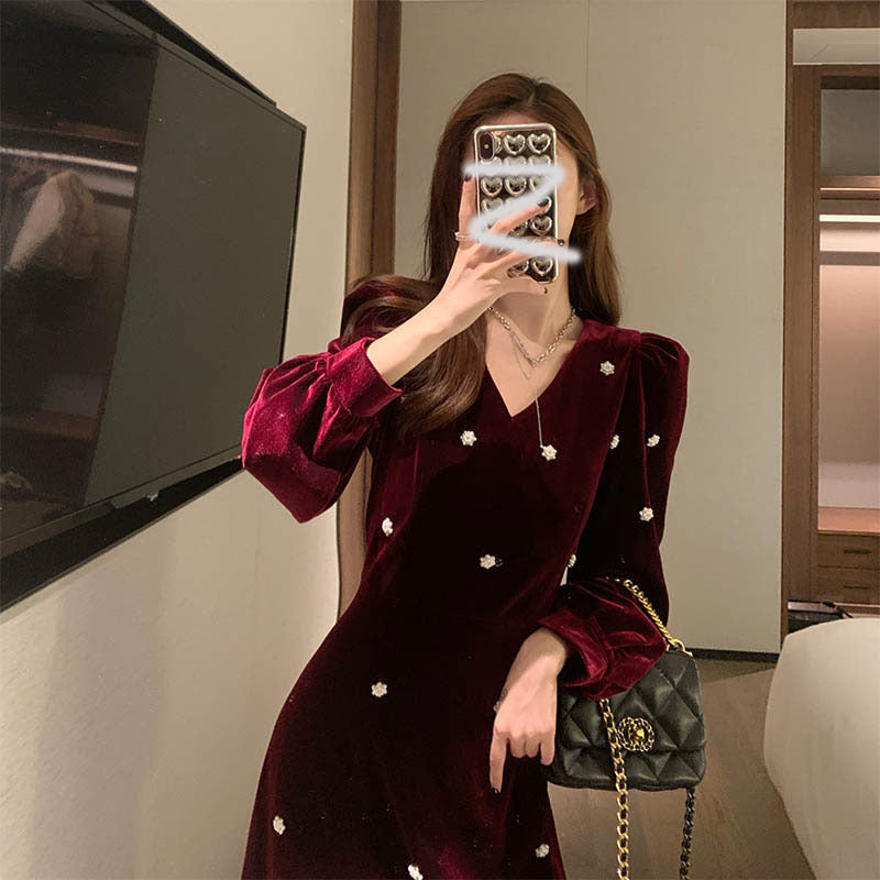 Winter Formal Dresses Red Gold Velvet Engagement Autumn Winter Long Dress Dress