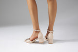 Nude Strappy Block Heels Autumn Square Buckle Thick Mid Heel Pointed Toe Large Size Shoes