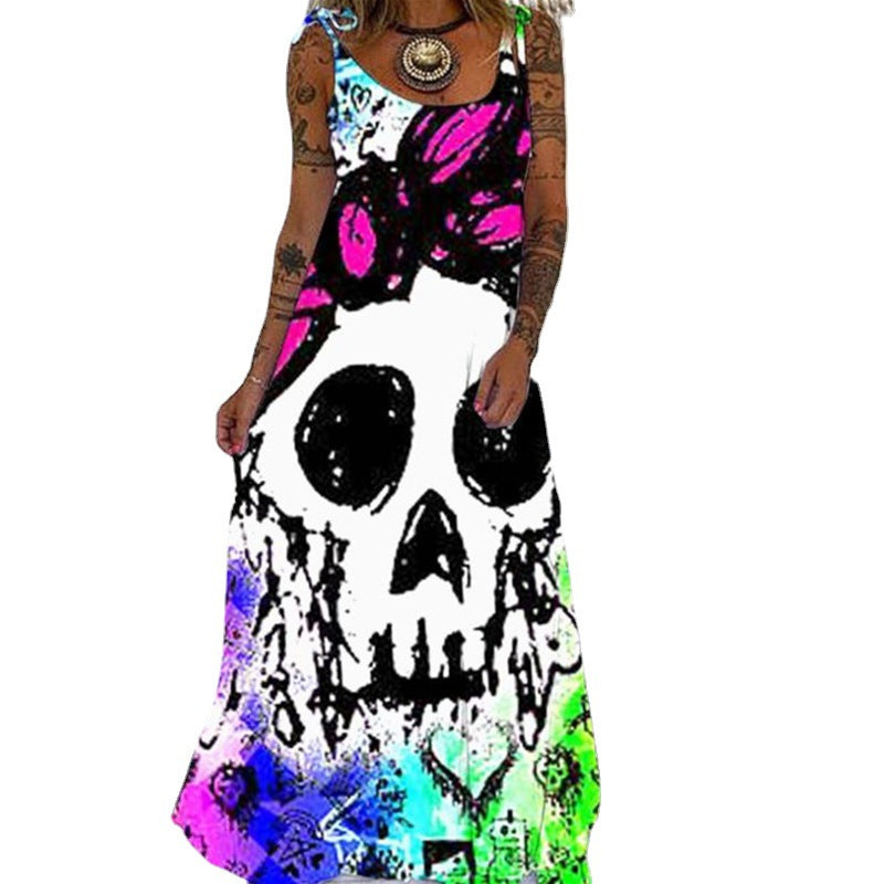 Skull Dress Summer Printed Loose plus Size Lace up Dress