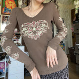 90S Fashion Autumn Retro Style Heart Printing Slim Fit Long-Sleeved T-shirt Thin Sweater