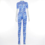 Spring Tie-Dyed Denim Printing round Neck Short Sleeve Slim Fit Bodysuit Women