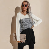 Women's Fall Outfits Autumn V-neck Long Sleeve Stitching T-shirt in Contrast Color Bottoming Shirt