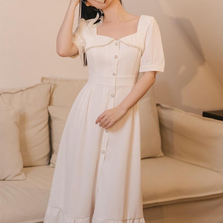 Women's Cottagecore Dress Design Sense Square Collar Single Breasted Gentle Dress Women's Hepburn Style Skirt