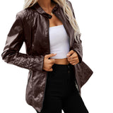 Cute Leather Jacket Autumn and Winter Stand Collar Long-Sleeve Zipper Solid Color Leather Jacket Coat Women