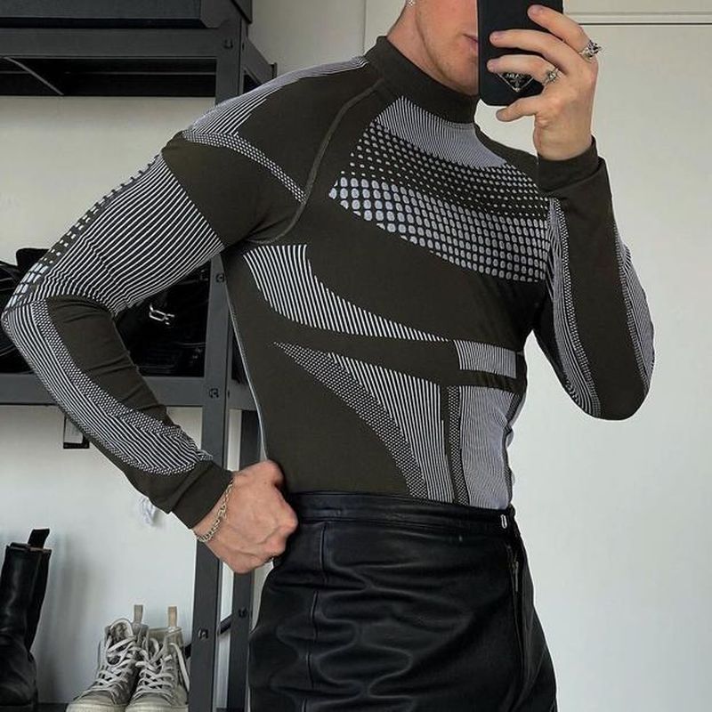 Rave Outfits Mens Long Sleeve Shirt Sexy Slim Bottoming Shirt Men's Casual Turtleneck Knitting T-shirt