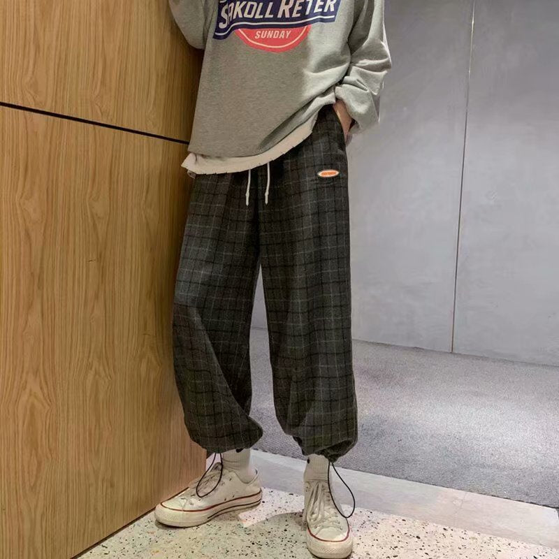 Men Pants Men's Spring Plaid Pants Loose Casual Trousers