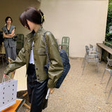 Cute Leather Jacket Green Stand Collar Retro PU Leather Coat Women's Spring and Autumn